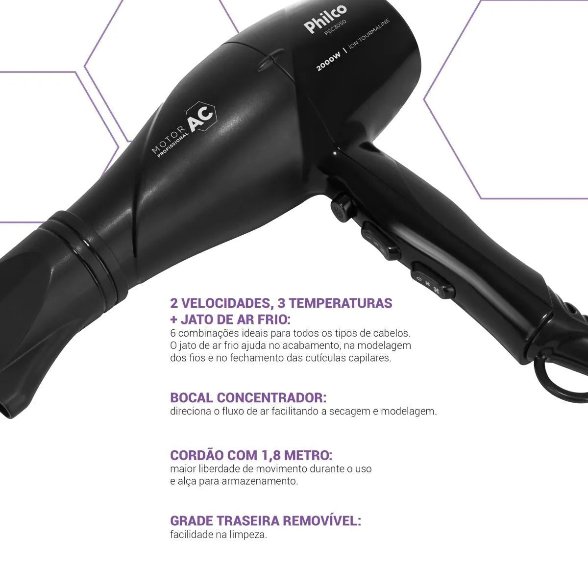 Secador de Cabelo 2000W Motor Profissional PSC3050